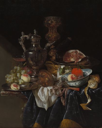 Silver Wine Jug, Ham, and Fruit — Abraham van Beyeren