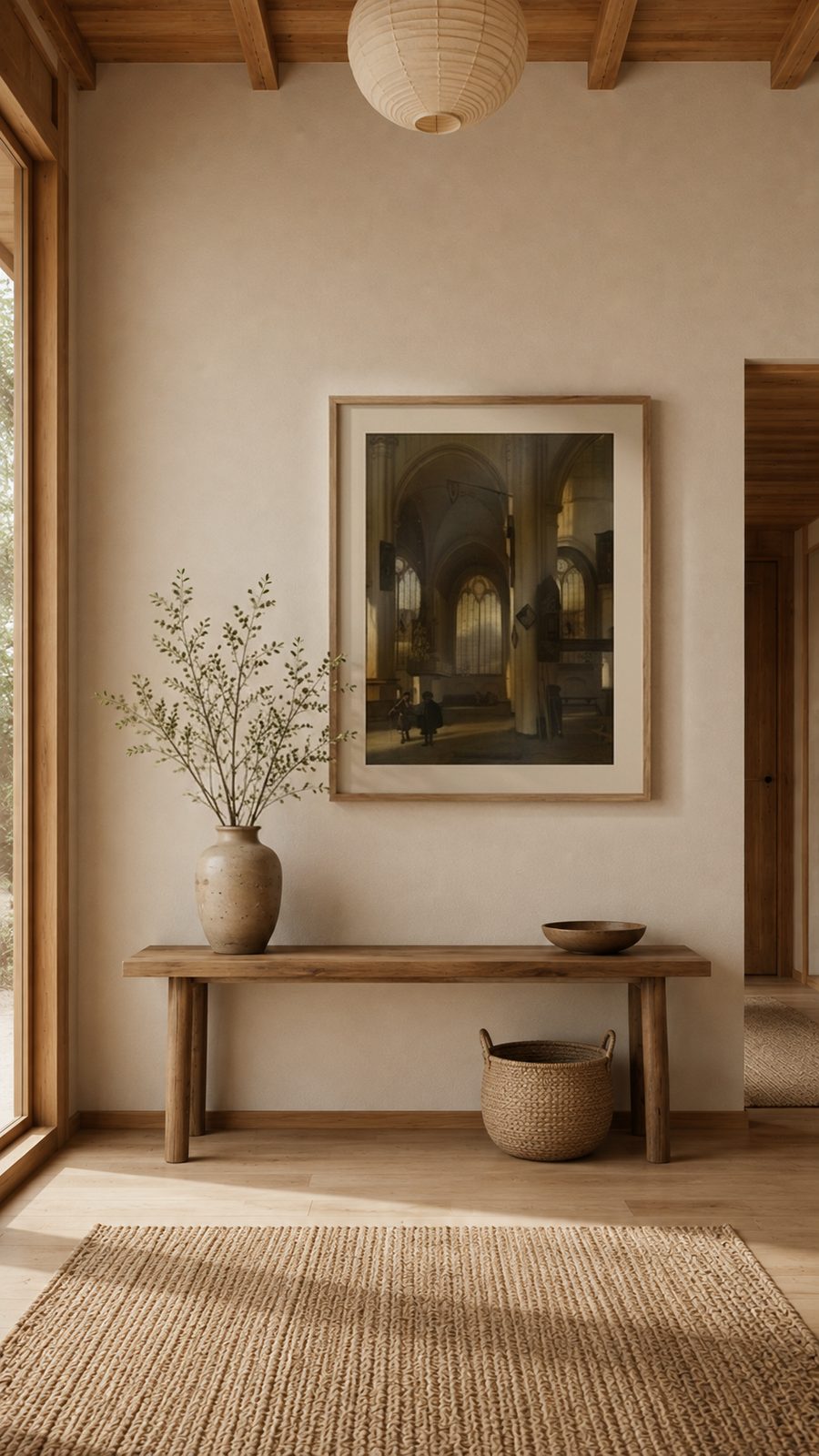Entrée claire au sol de chêne et console en bois, avec au mur le tirage encadré noir de l'Intérieur d'une église d'Emanuel de Witte