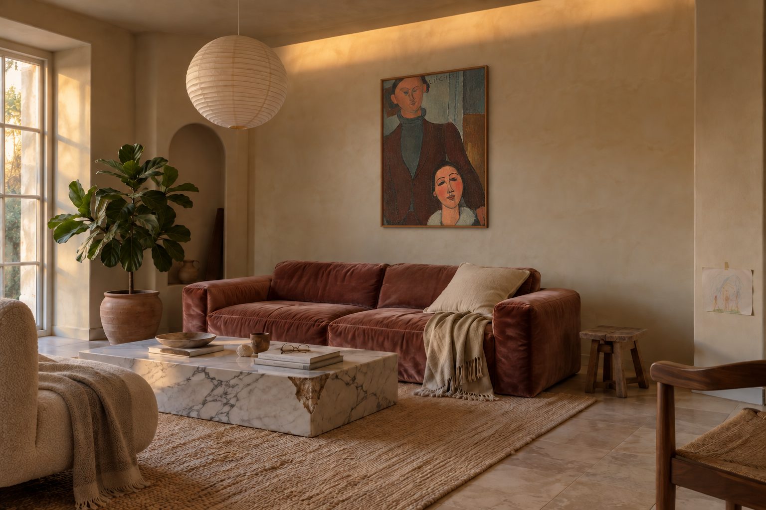 Sand-clay living room with an arched niche and a brick velvet sofa, a framed Modigliani double portrait hung on the flat wall above the sofa