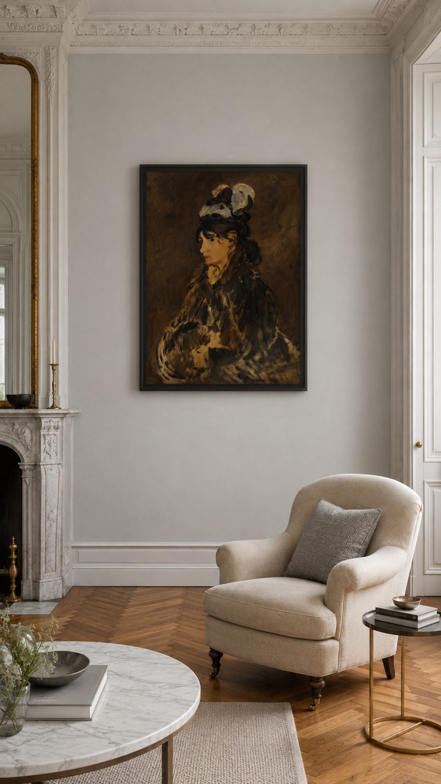 Salon haussmannien aux moulures blanches et cheminée de marbre, avec au mur le tirage encadré doré de Berthe Morisot au manchon d'Édouard Manet