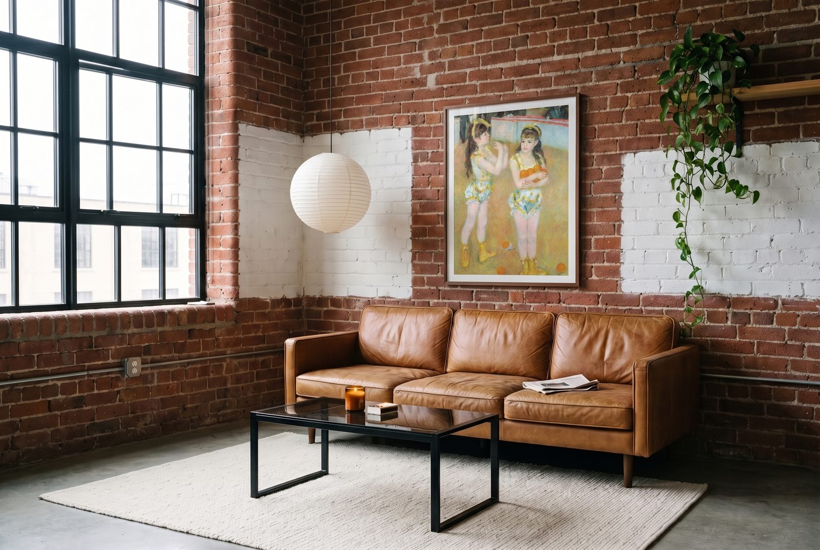 Loft de brique, canapé en cuir caramel et table basse en acier noir, avec au mur de brique le tirage encadré des Acrobates au Cirque Fernando de Pierre-Auguste Renoir