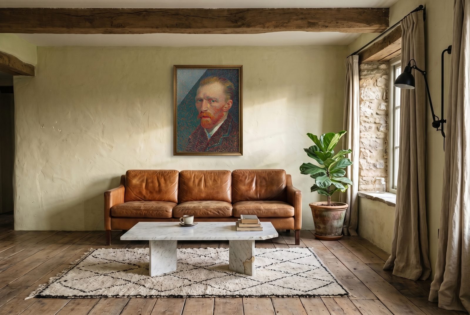 Séjour de maison de campagne aux murs chaulés et canapé en cuir fauve, avec au mur le tirage encadré de l'autoportrait de Vincent van Gogh, 1887