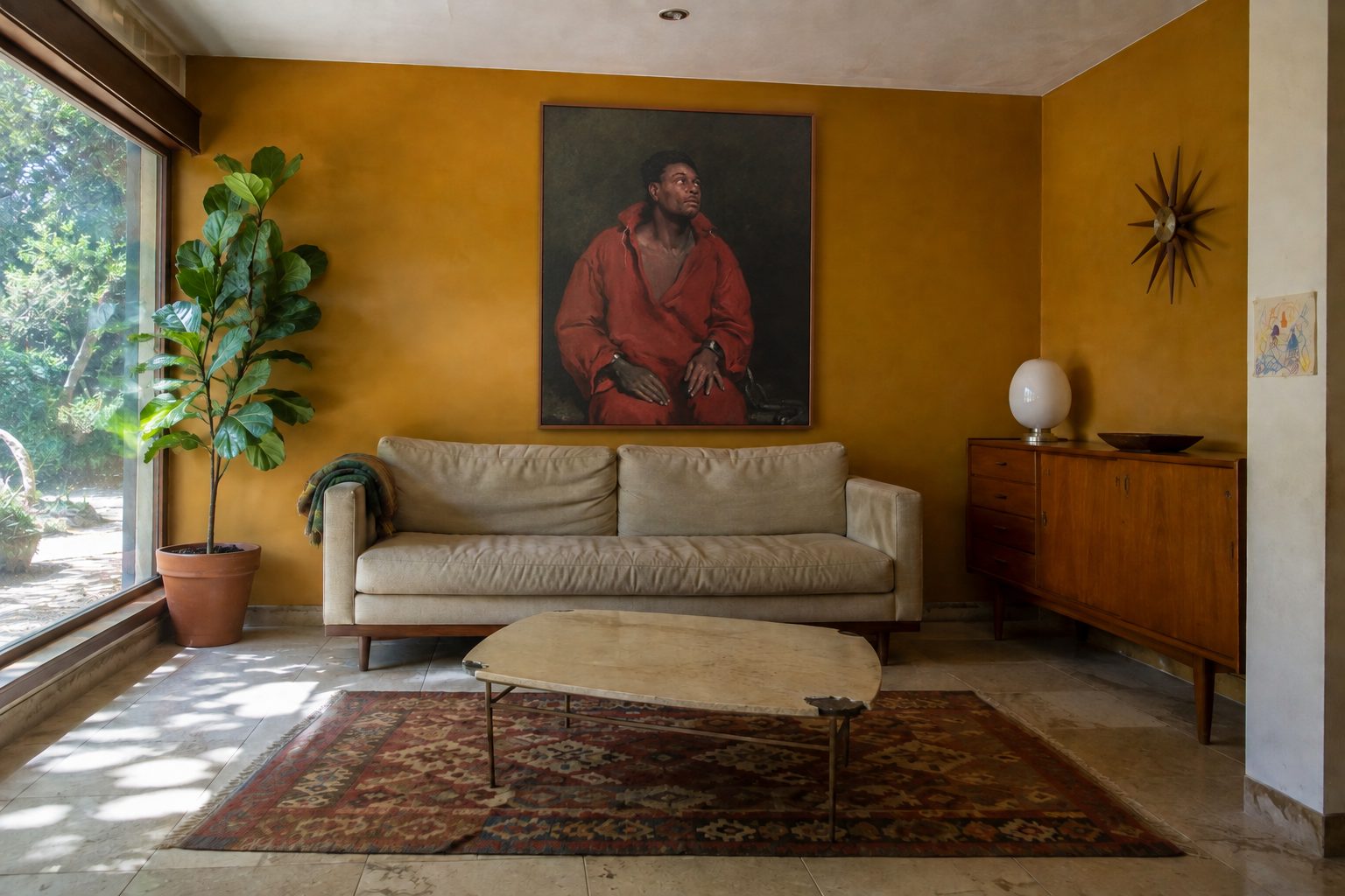 Salon mid-century aux meubles de teck, avec au mur le tirage encadré du portrait d'Ira Aldridge, The Captive Slave, de John Philip Simpson