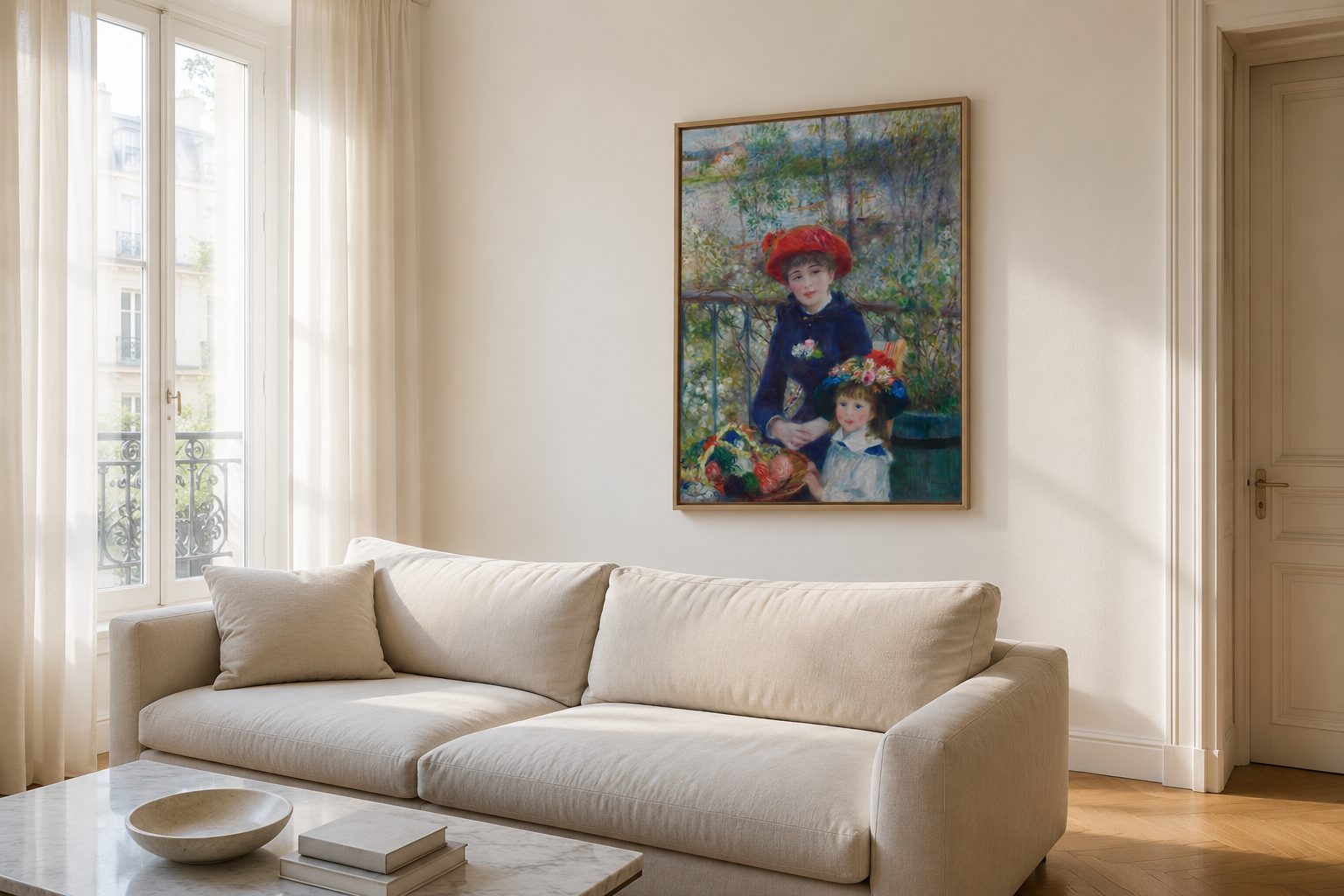 Salon clair haussmannien, canapé en lin beige, et au mur le tirage encadré de Two Sisters (On the Terrace) de Pierre-Auguste Renoir