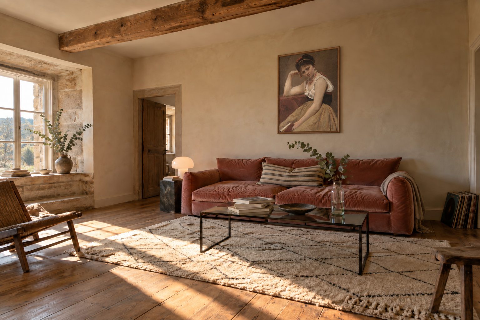 Country house living room with lime-washed walls and an exposed beam, with the framed print of Corot's Interrupted Reading hung on the wall behind the sofa