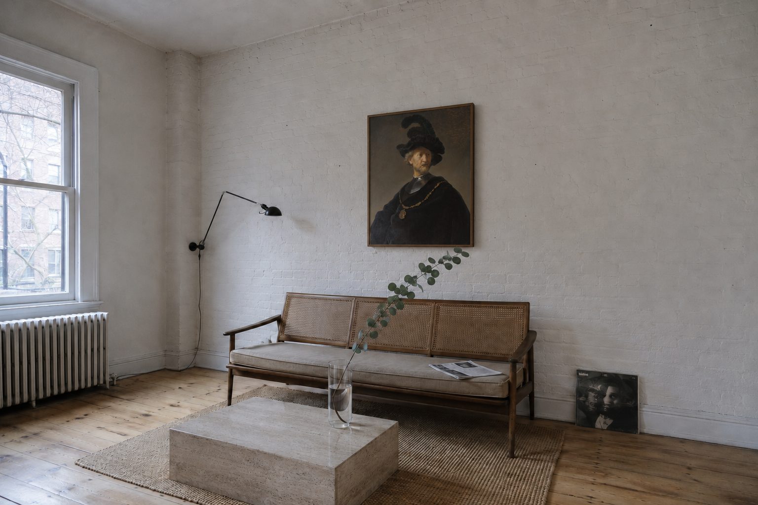 Séjour aux murs de brique blanchie et mobilier en bois clair, avec au mur le tirage encadré du Vieil homme à la chaîne d'or de Rembrandt